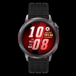 Huawei Watch GT Runner 2 negro con pantalla AMOLED 1,32 pulgadas, bisel gris con detalles rojos, correa textil negra y métricas deportivas en pantalla