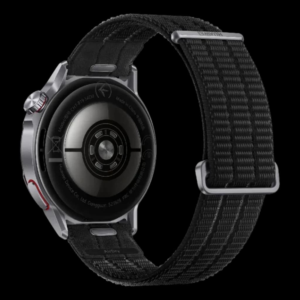 Huawei Watch GT Runner 2 negro con correa textil ajustable, caja metálica plateada y sensores traseros