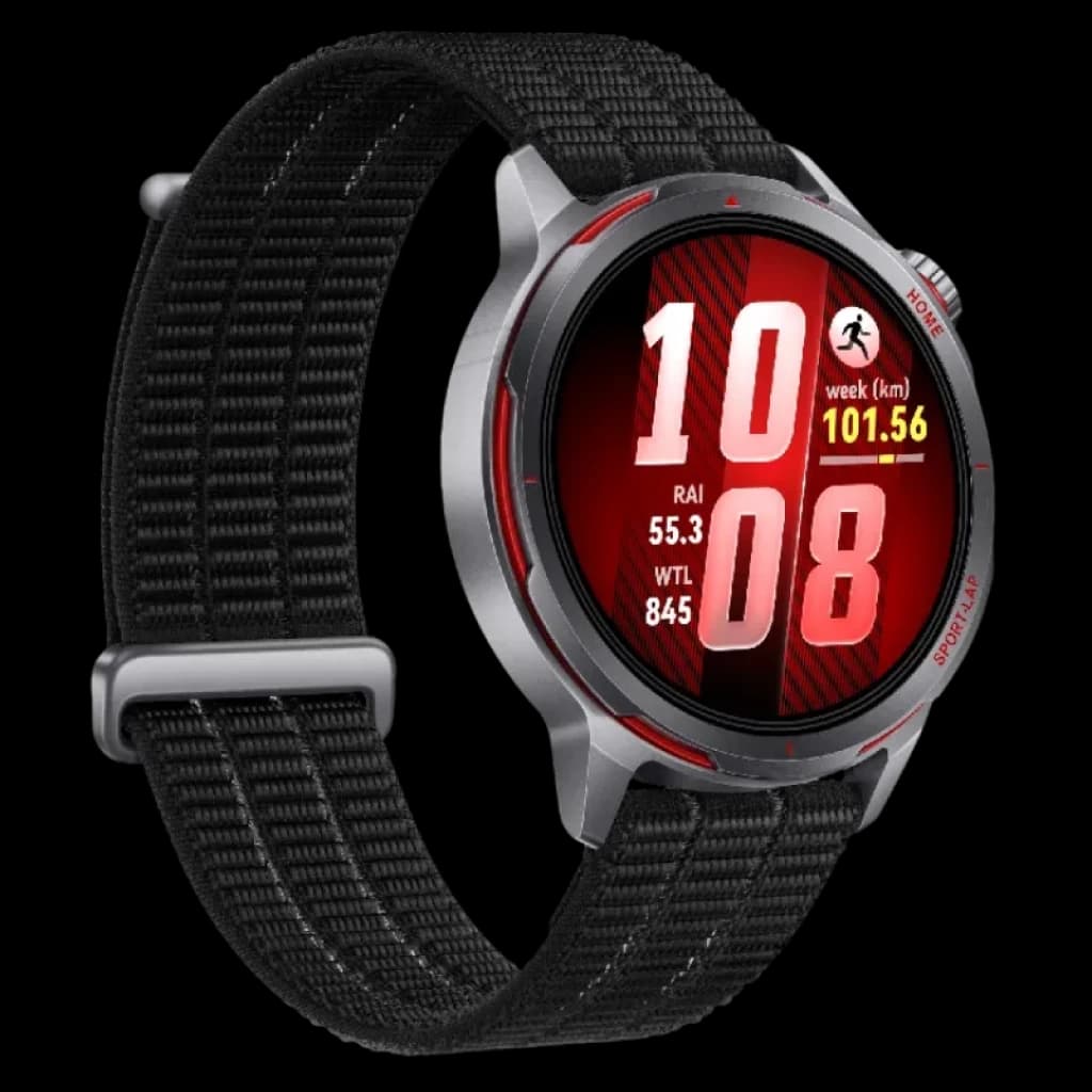 Huawei Watch GT Runner 2 negro con pantalla AMOLED 1,32 pulgadas, bisel gris con detalles rojos, correa textil negra