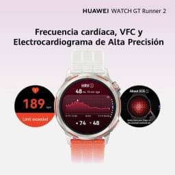 Huawei Watch GT Runner con bisel plateado y métricas HRV, ECG y 189 bpm en pantalla