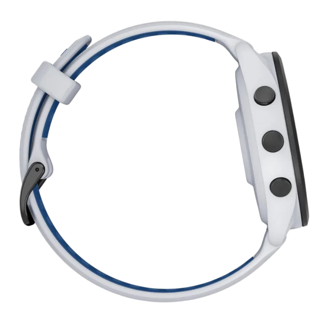 Garmin Forerunner 265 46 mm blanc et bleu avec bracelet aéré, lunette noire et écran AMOLED 1,3 pouces ; boutons latéraux et cadrans fitness visibles - Ítem2