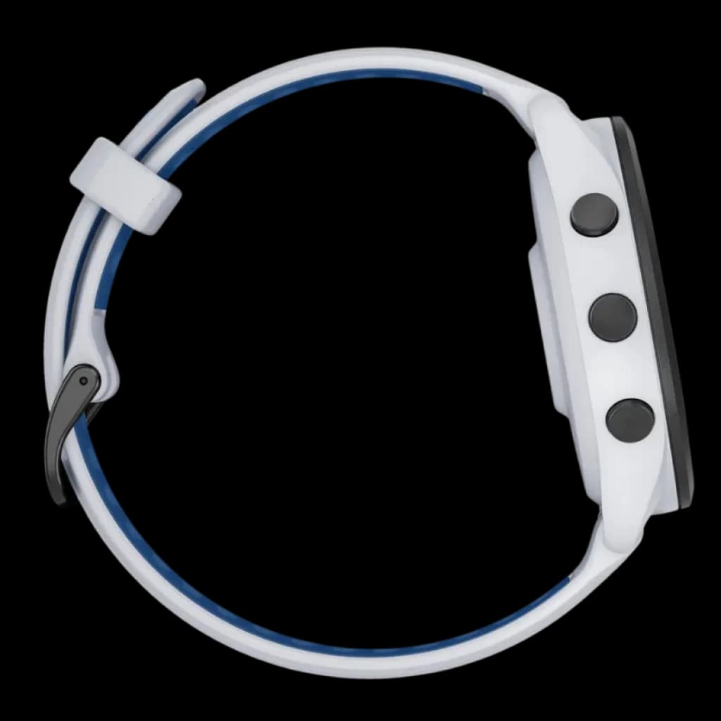 Garmin Forerunner 265 46 mm branco e azul com três botões laterais pretos, bracelete bicolor e caixa fina