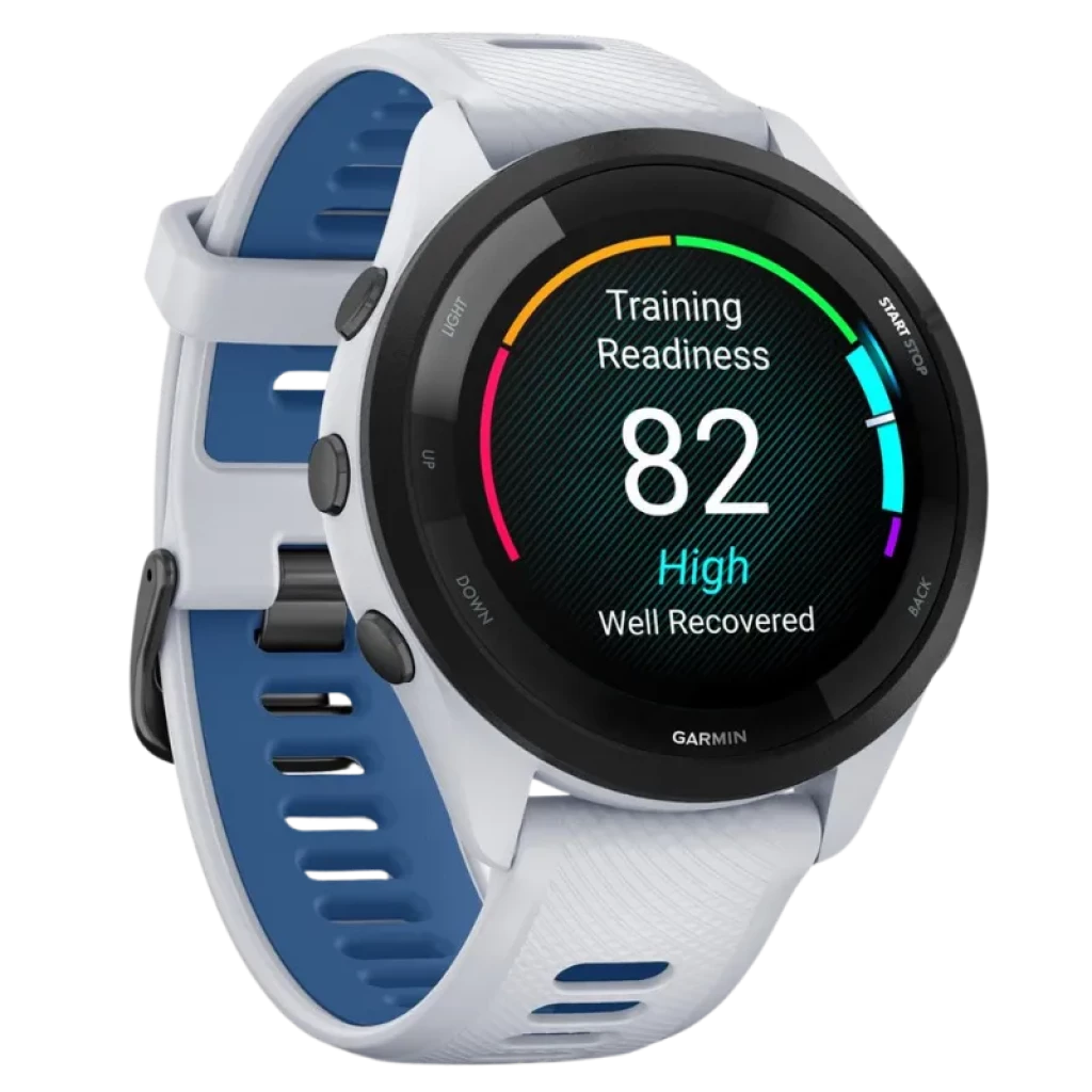 Garmin Forerunner 265 46 mm blanc et bleu avec bracelet aéré, lunette noire et écran AMOLED 1,3 pouces ; boutons latéraux et cadrans fitness visibles - Ítem3