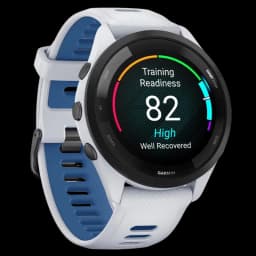 Vista a 45 graus do Garmin Forerunner 265 46 mm branco e azul
