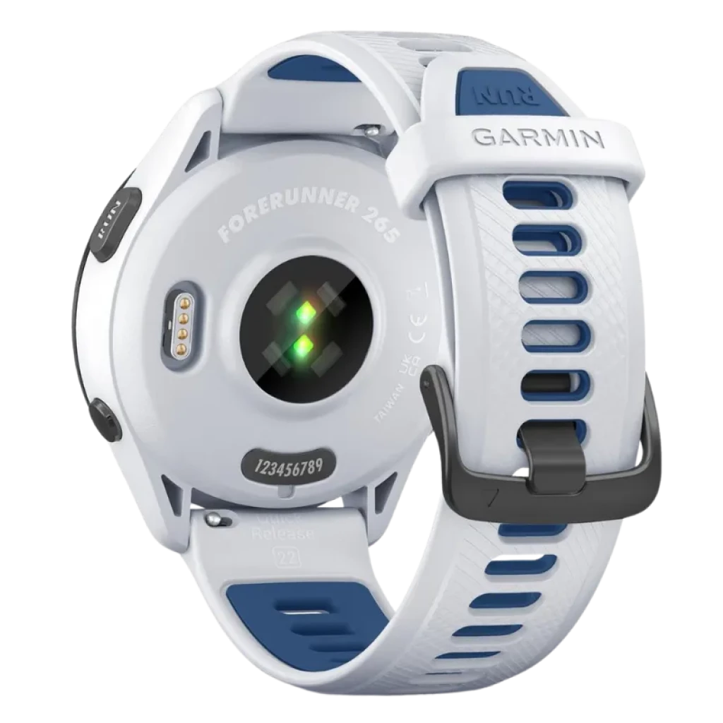 Garmin Forerunner 265 46 mm blanc et bleu avec bracelet aéré, lunette noire et écran AMOLED 1,3 pouces ; boutons latéraux et cadrans fitness visibles - Ítem4