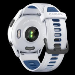Garmin Forerunner 265 46 mm em branco e azul com bracelete perfurada, fivela preta e sensores óticos traseiros; detalhe dos pinos de carregamento e gravação do modelo