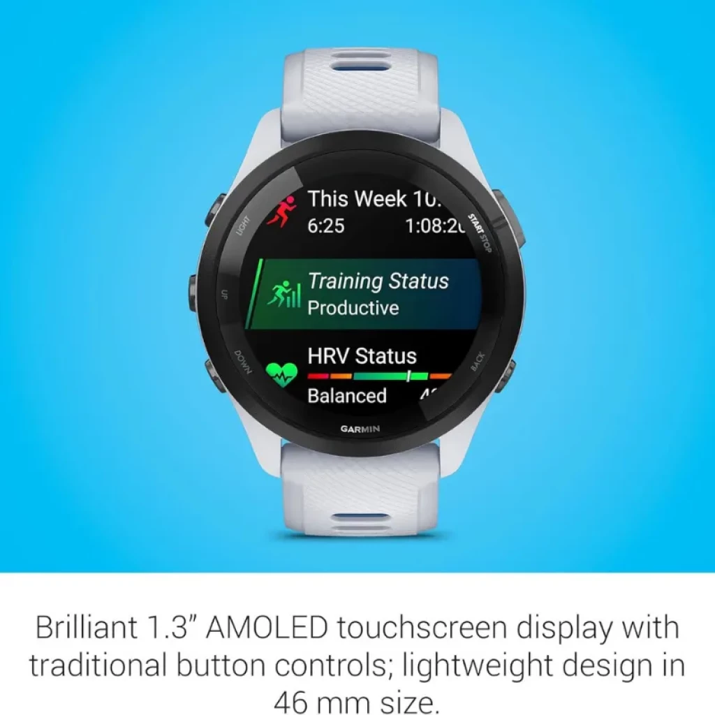 Garmin Forerunner 265 46 mm blanc et bleu avec bracelet aéré, lunette noire et écran AMOLED 1,3 pouces ; boutons latéraux et cadrans fitness visibles - Ítem5