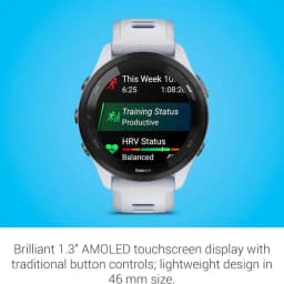 Garmin Forerunner 265 46 mm branco e azul com bracelete perfurada, moldura preta e ecrã AMOLED de 1,3 polegadas