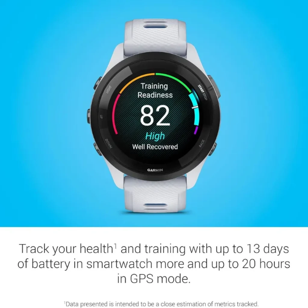 Garmin Forerunner 265 46 mm blanc et bleu avec bracelet aéré, lunette noire et écran AMOLED 1,3 pouces ; boutons latéraux et cadrans fitness visibles - Ítem6
