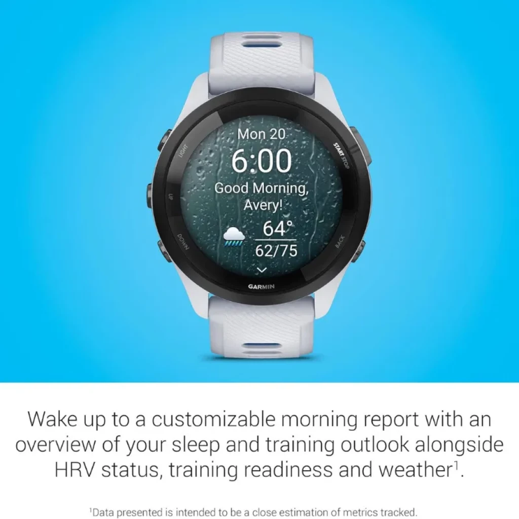 Garmin Forerunner 265 46 mm blanc et bleu avec bracelet aéré, lunette noire et écran AMOLED 1,3 pouces ; boutons latéraux et cadrans fitness visibles - Ítem7