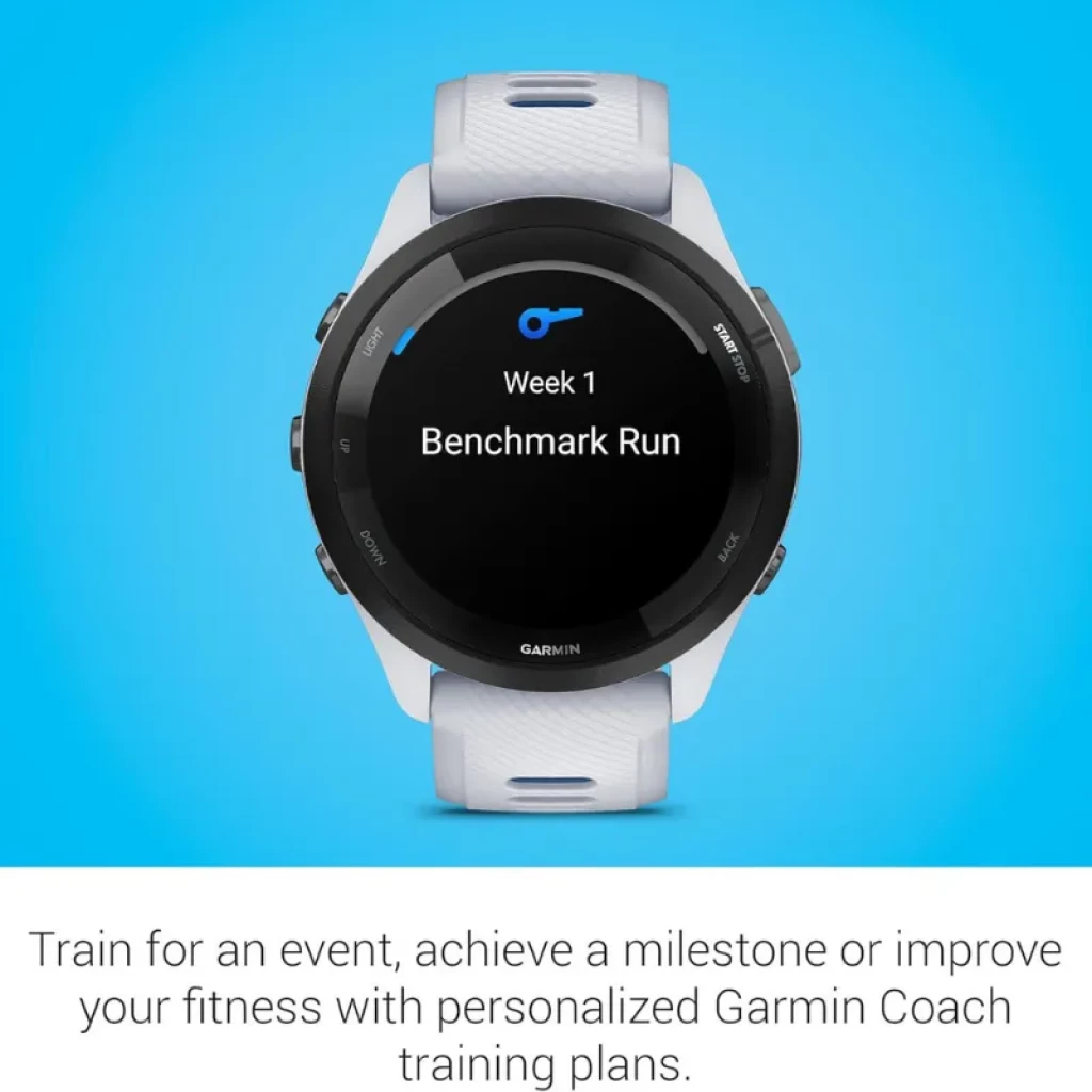 Garmin Forerunner 265 46 mm blanc et bleu avec bracelet aéré, lunette noire et écran AMOLED 1,3 pouces ; boutons latéraux et cadrans fitness visibles - Ítem8