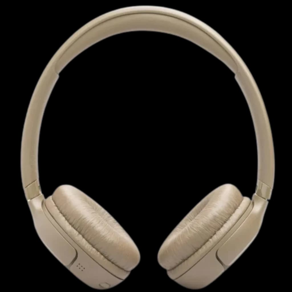 Casque supra-auriculaire beige avec arceau rembourré et coussinets moelleux, design pliable, boutons intégrés sur l’oreillette gauche