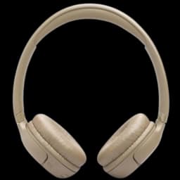 Casque supra-auriculaire beige avec arceau rembourré et coussinets moelleux, design pliable, boutons intégrés sur l’oreillette gauche
