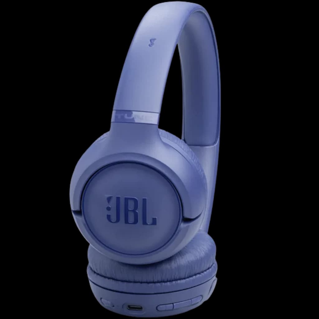Casque JBL bleu supra auriculaire pliable avec arceau rembourré, coussinets doux, commandes latérales et port USB C visible sur l écouteur gauche