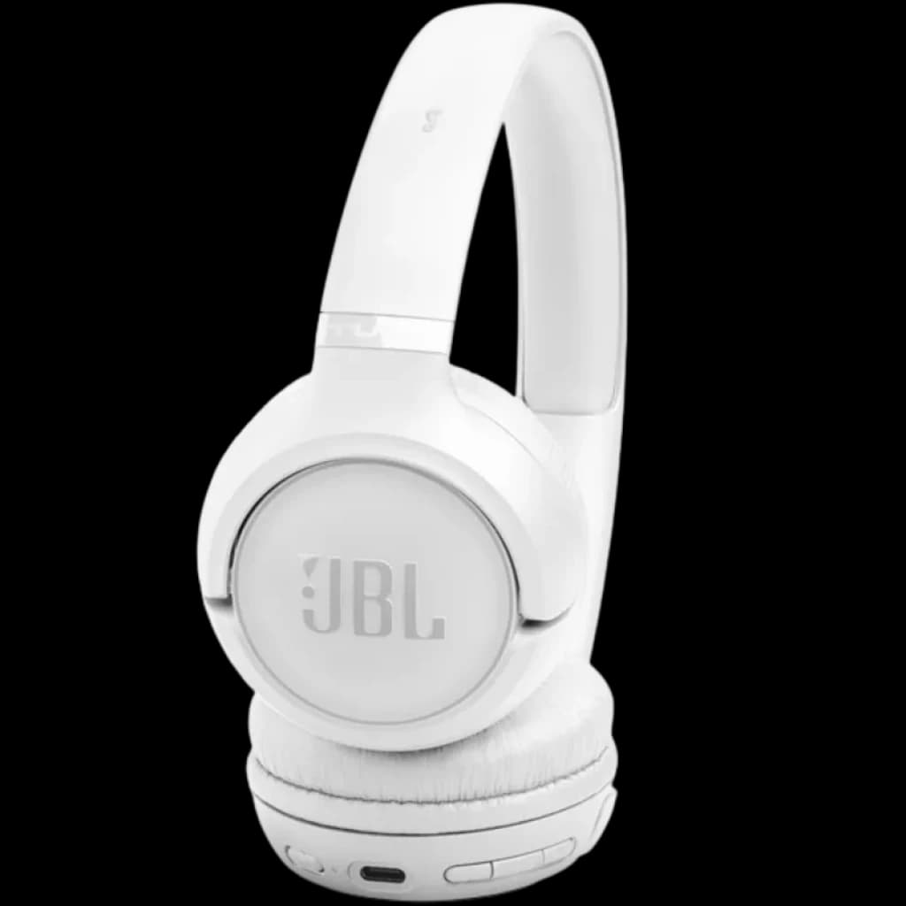 Casque supra-auriculaire JBL blanc, arceau rembourré, coussinets doux, boutons et port USB-C visibles, design pliable et épuré