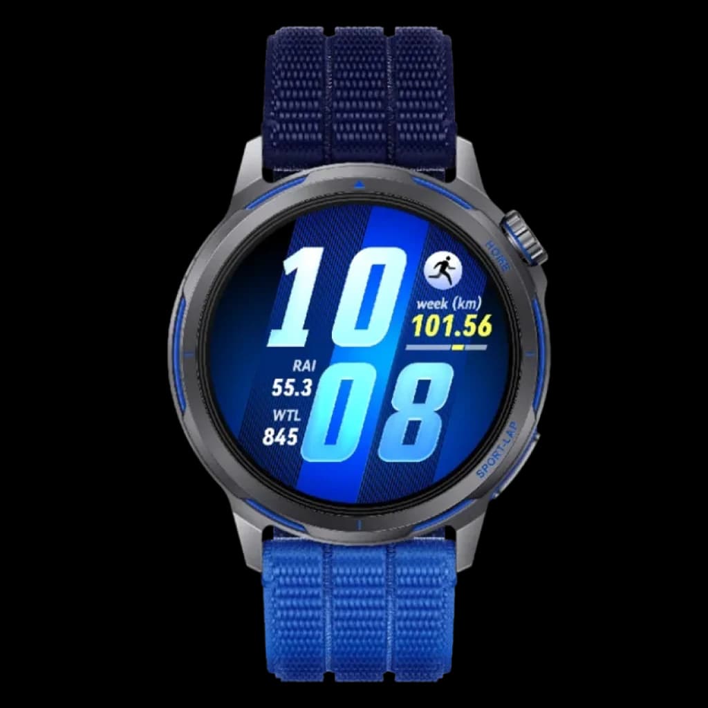 Huawei Watch GT Runner 2 Azul con correa deportiva azul, bisel negro y pantalla circular OLED con métricas deportivas en grande y bordes con detalles azules