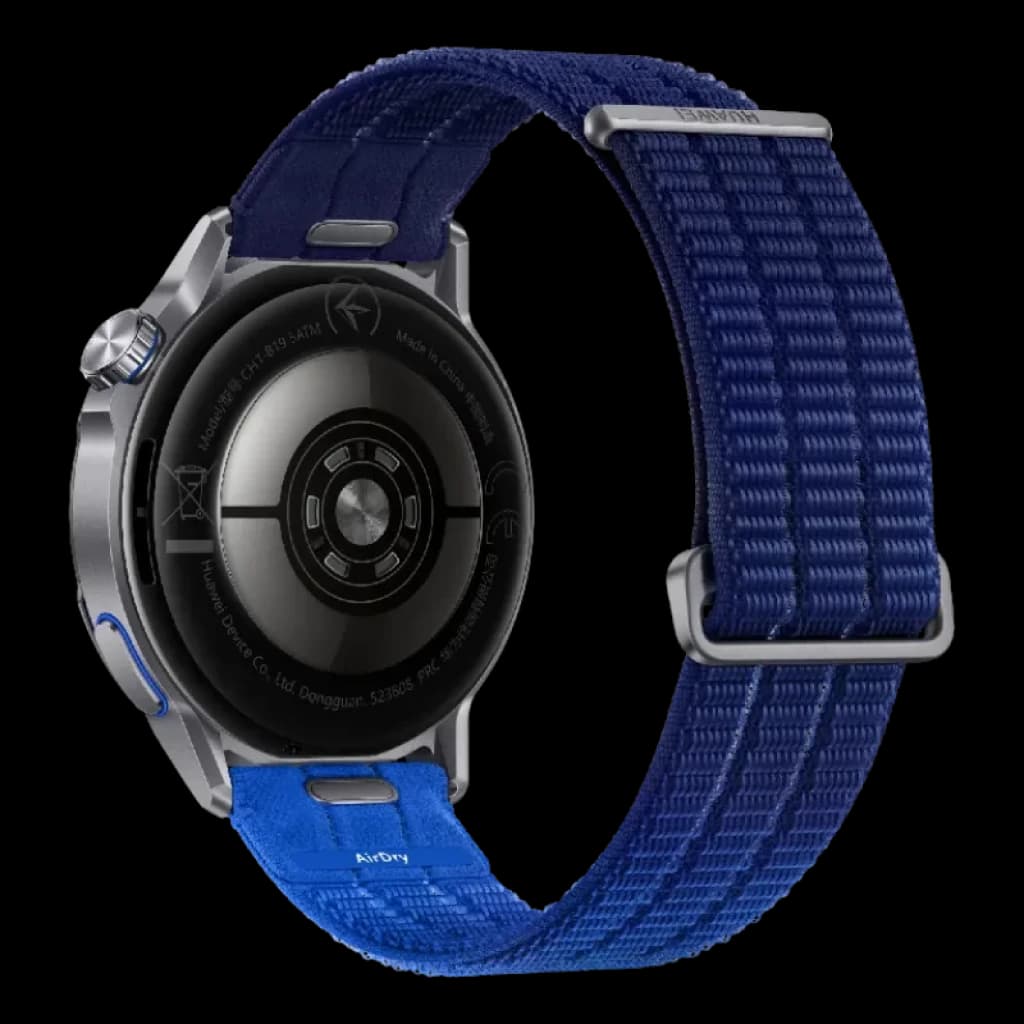 Huawei Watch GT Runner 2 azul con correa textil ajustable, caja plateada, sensores traseros circulares y hebilla metálica