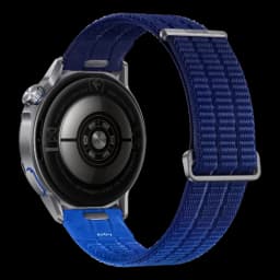 Huawei Watch GT Runner 2 azul con correa textil ajustable, caja plateada, sensores traseros circulares y hebilla metálica