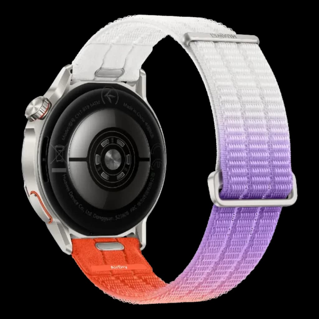 Huawei Watch GT Runner 2 en naranja y plata, correa textil bicolor blanco a morado, caja redonda de metal, sensores traseros, diseño deportivo y ligero