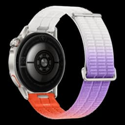 Huawei Watch GT Runner 2 en naranja y plata, correa textil bicolor blanco a morado, caja redonda de metal, sensores traseros, diseño deportivo y ligero