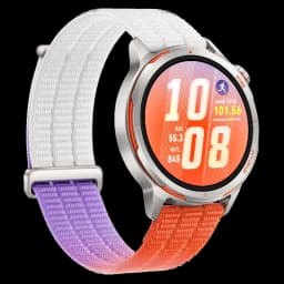 Huawei Watch GT Runner 2 naranja con bisel plateado, pantalla circular brillante, correa textil bicolor blanco, lila y naranja