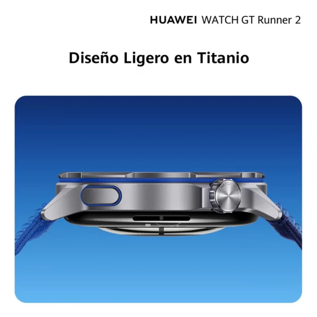 Huawei Watch GT Runner 2 con caja de titanio ligera, bisel metálico, corona lateral