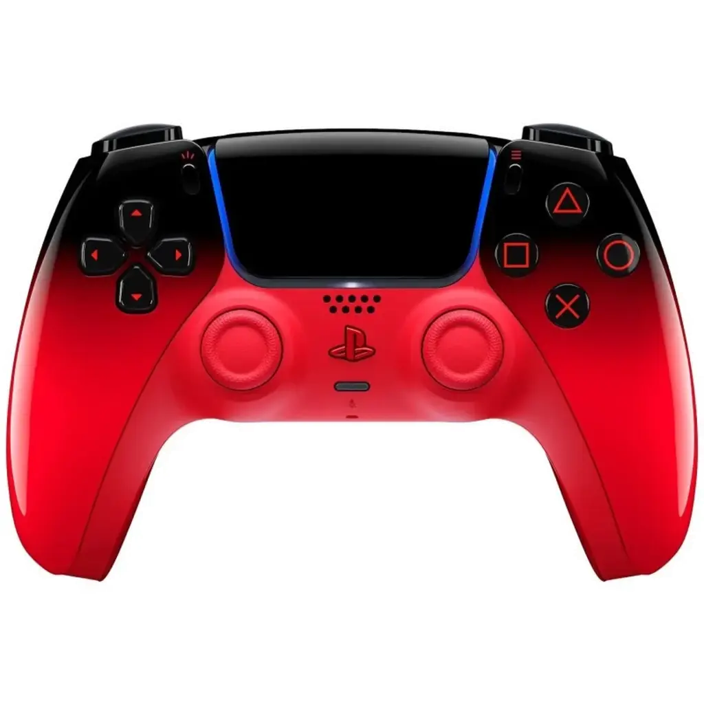 Manette PS5 rouge dégradé noir, boutons PlayStation iconiques, pavé tactile central, sticks symétriques, accents bleus, design HyperPop Techno Red sans fil