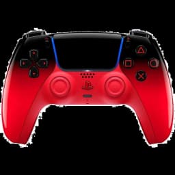 Manette PS5 rouge dégradé noir, boutons PlayStation iconiques, pavé tactile central, sticks symétriques, accents bleus, design HyperPop Techno Red sans fil