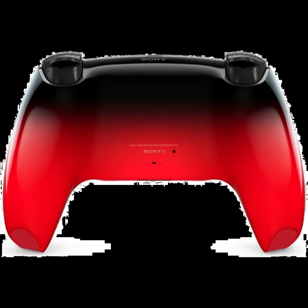 Manette PS5 sans fil DualSense V3 HyperPop Techno Red, dos bicolore noir et rouge dégradé, poignées ergonomiques, ports et boutons supérieurs visibles