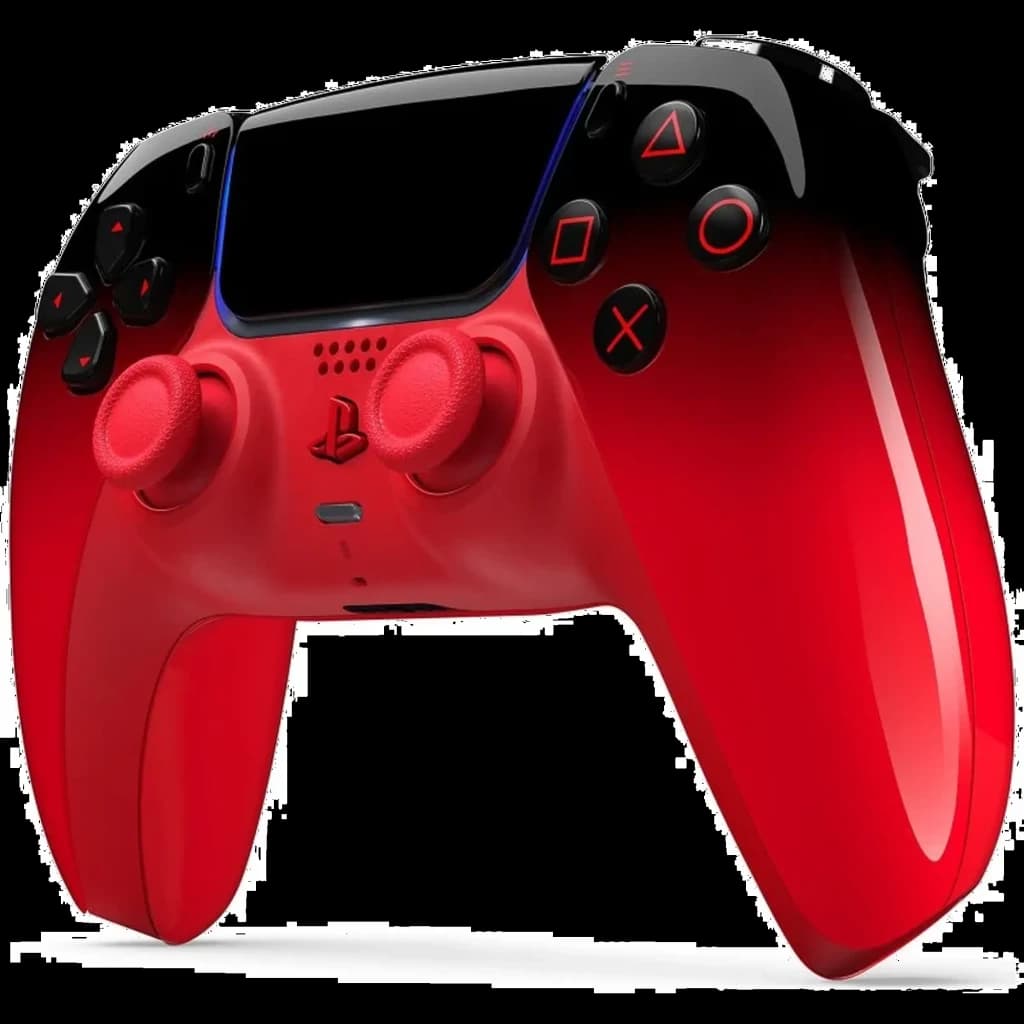 Manette PS5 rouge techno dégradé noir, boutons symboles PlayStation, sticks et gâchettes assortis, pavé tactile central, design ergonomique sans fil