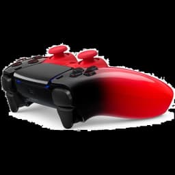Manette PS5 sans fil rouge techno dégradé noir, sticks rouges texturés, gâchettes noires, barre lumineuse bleue, design ergonomique DualSense V3 HyperPop