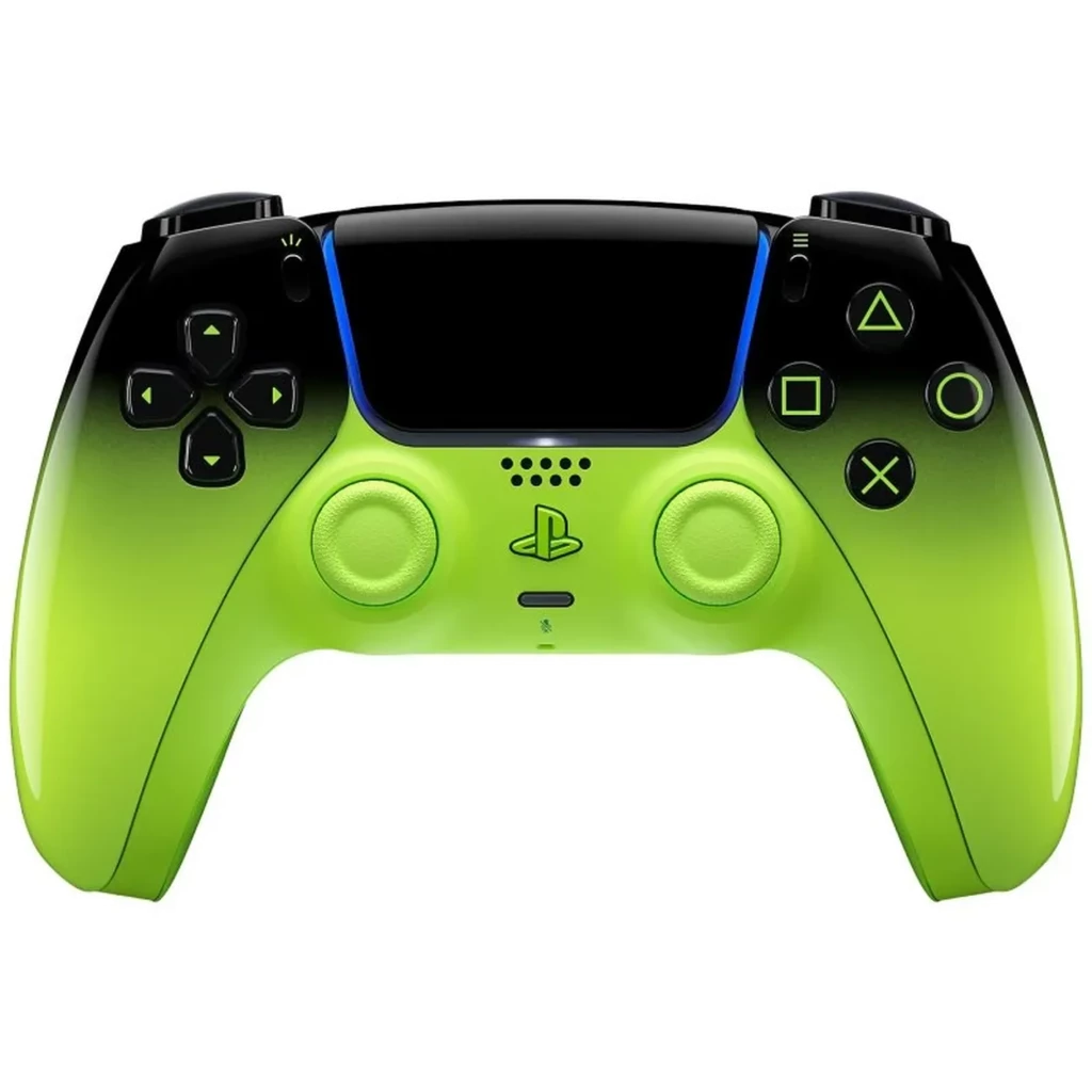 Gamepad PS5 Sony DualSense V3 HyperPop Remix Green sem fios, acabamento vermelho degradê, touchpad central preto, botões icônicos e LEDs azuis - Item