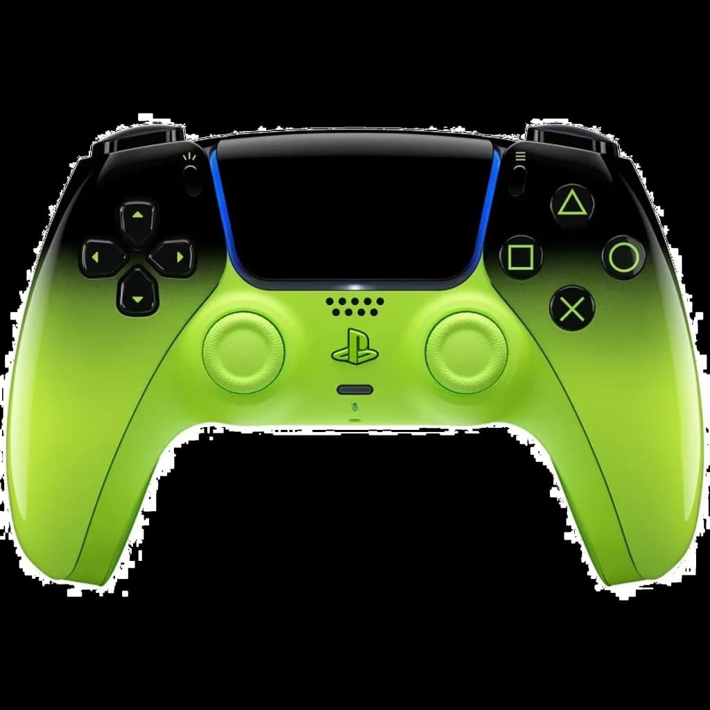 Manette PS5 rouge dégradé noir, boutons PlayStation iconiques, pavé tactile central, sticks symétriques, accents bleus, design HyperPop Remix Green sans fil