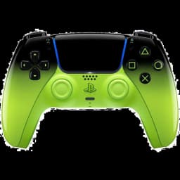 Manette PS5 rouge dégradé noir, boutons PlayStation iconiques, pavé tactile central, sticks symétriques, accents bleus, design HyperPop Remix Green sans fil