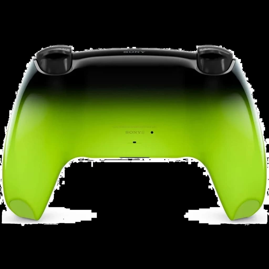 Manette PS5 DualSense V3 HyperPop Remix Green avec dos vert néon dégradé vers noir, coques lisses et gâchettes noires, design sans fil moderne et audacieux