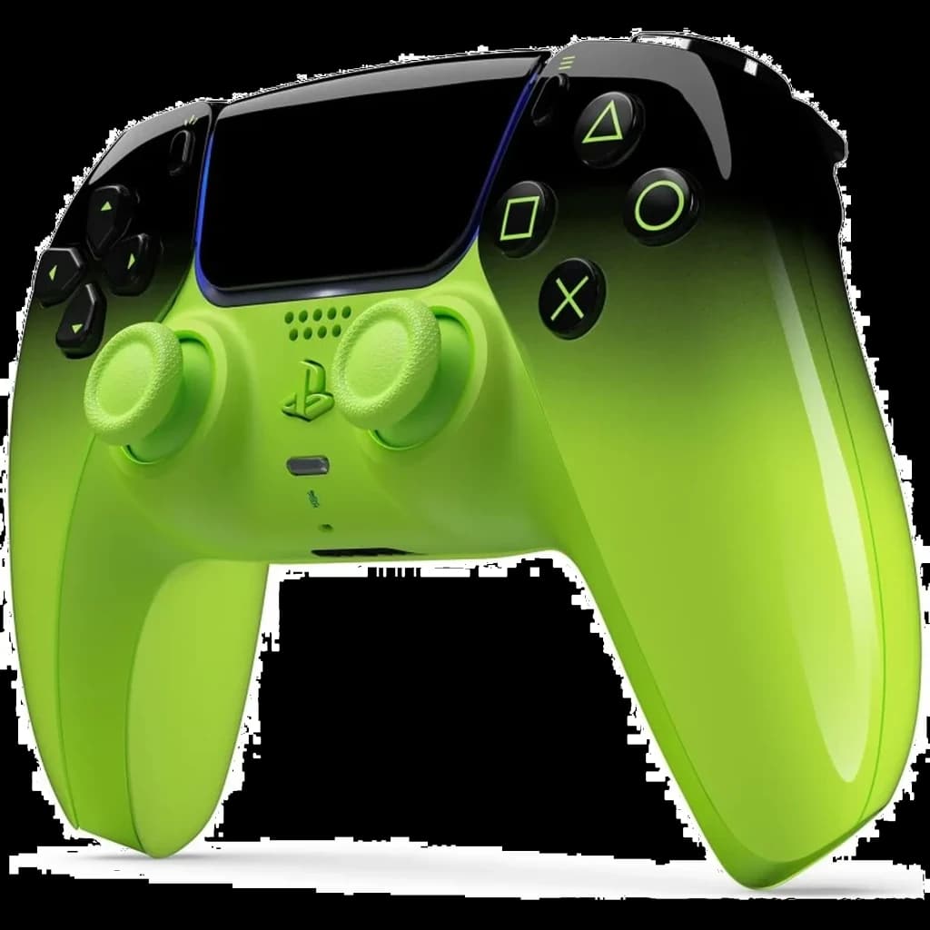 Manette PS5 DualSense V3 HyperPop Remix Green bicolore noir vert fluo, dégradé brillant, sticks et boutons verts, grip ergonomique, port USB-C visible