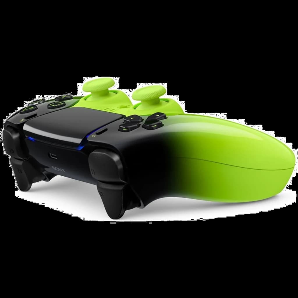Manette PS5 sans fil bicolore vert néon et noir, effet dégradé, sticks verts texturés, voyants LED bleus, design ergonomique moderne HyperPop Remix Green