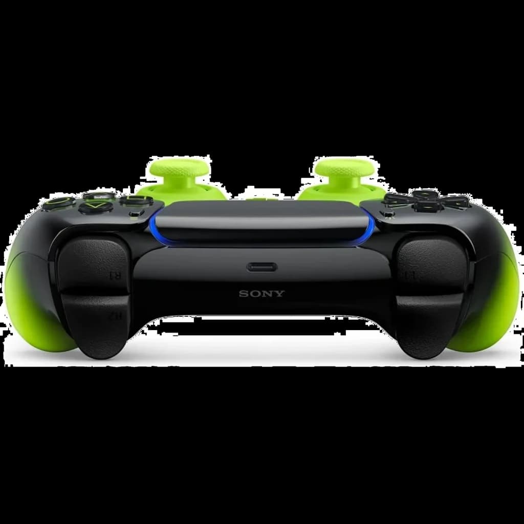 Manette PS5 noir brillant avec poignées et sticks vert fluo, surface lisse, bouton central, éclairage bleu discret, design HyperPop Remix Green