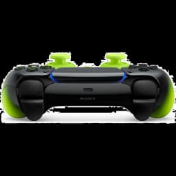 Manette PS5 noir brillant avec poignées et sticks vert fluo, surface lisse, bouton central, éclairage bleu discret, design HyperPop Remix Green