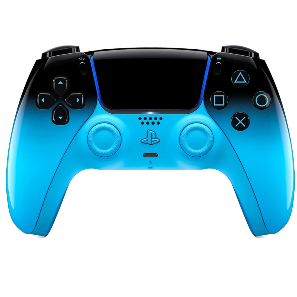 Gamepad PS5 DualSense HyperPop Rythm Blue sem fios com gradiente azul vibrante, touchpad preto, botões icônicos, luzes LED e pegas texturizadas - Item