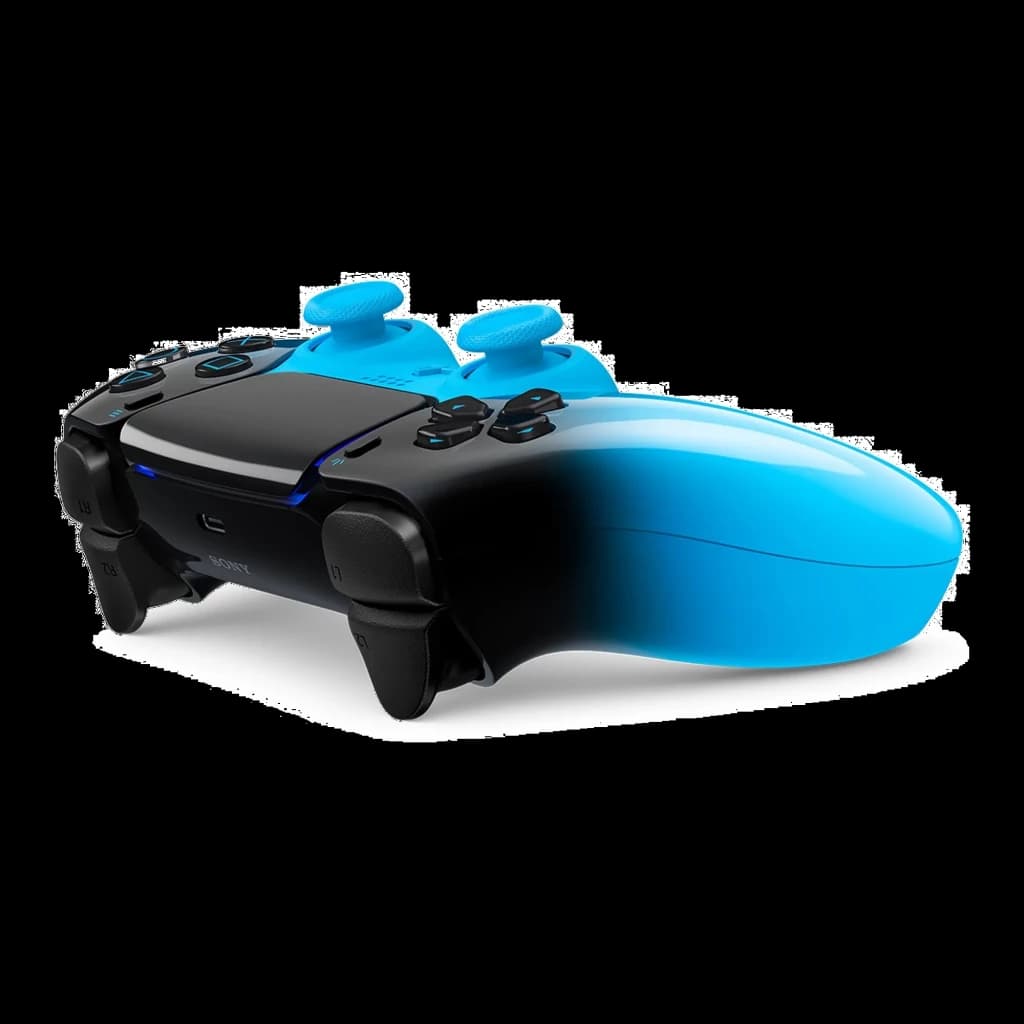 Manette PS5 sans fil bleue et noire, finition Rythm Blue brillante, sticks et coque arrière cyan, lignes épurées, design ergonomique moderne
