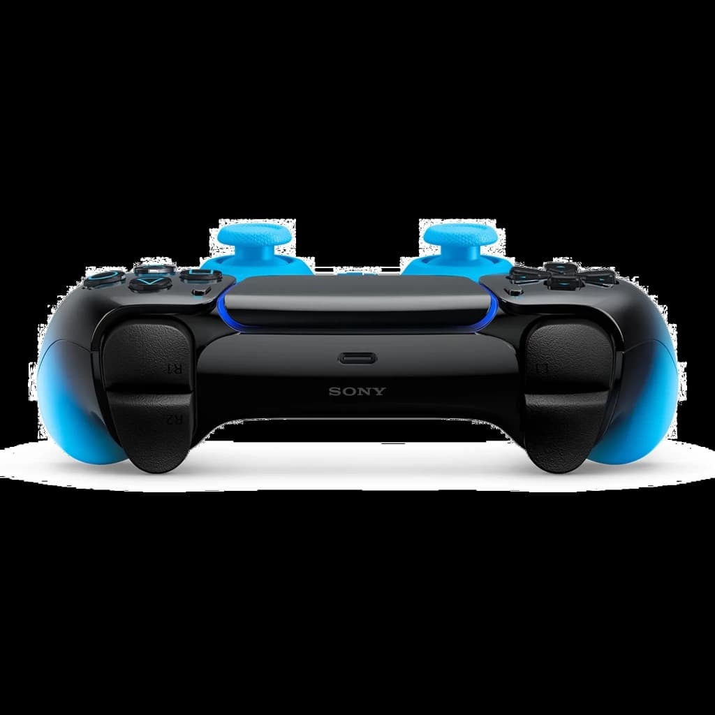 Manette PS5 sans fil bleu Rythm et noir, coques latérales bleues, joysticks bleus, pavé tactile central, boutons L1 L2 R1 R2 visibles, design ergonomique