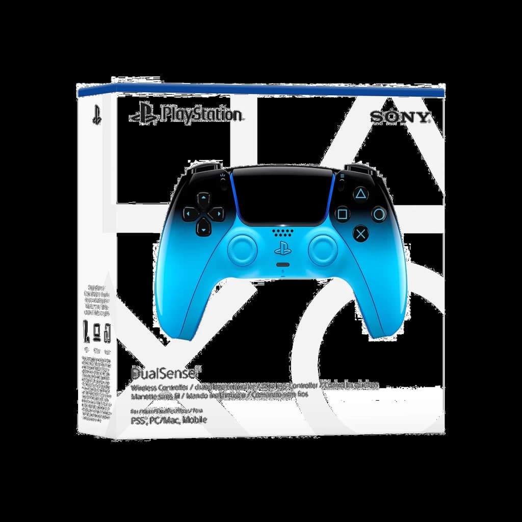 Manette PS5 DualSense bleue dégradé Rythm Blue, boutons noirs, pavé tactile central, éclairage latéral bleu, design ergonomique sans fil HyperPop