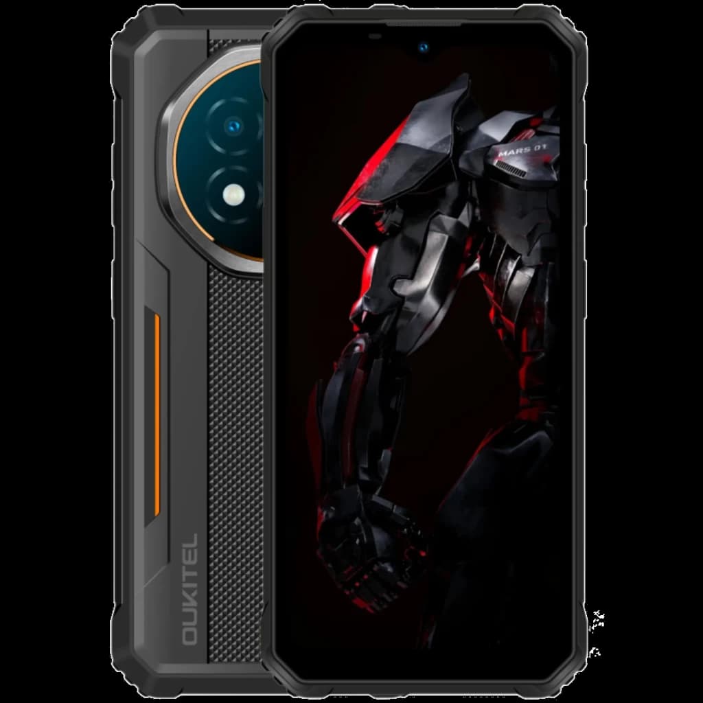 Oukitel G6 256 Go Rugged 8 Go de RAM avec coque renforcée noire, accents orange, grand écran bord à bord et module photo circulaire arrière