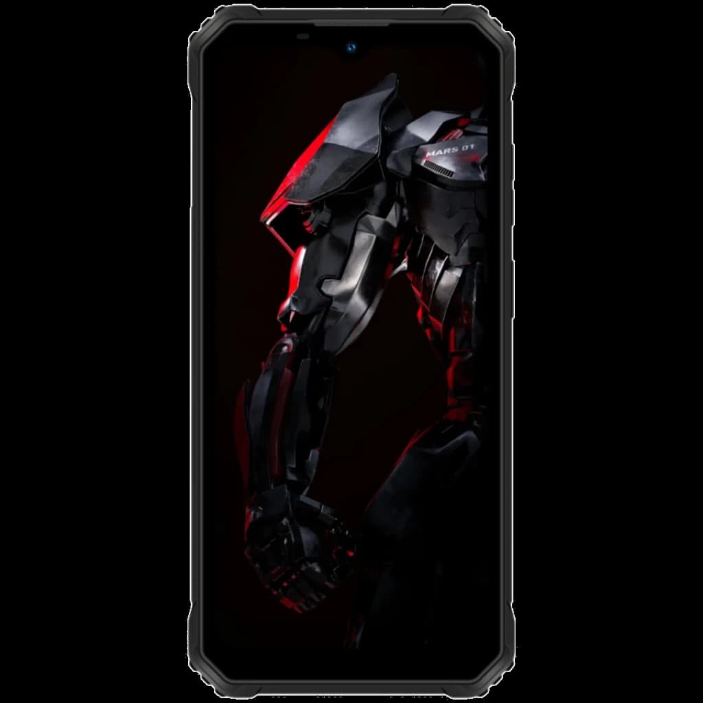 Oukitel G6 256 Go Rugged 4 Go de RAM affichant un fond sombre avec robot métallique noir et rouge, écran bord à bord, bords renforcés antichoc