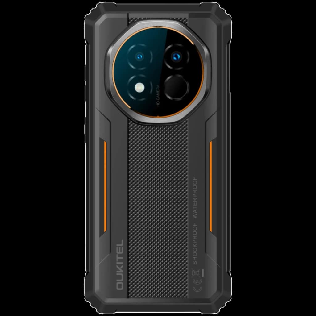Oukitel G6 256 Go Rugged 4 Go de RAM avec coque robuste noire, accents orange, dos texturé antidérapant et module photo circulaire triple caméras waterproof