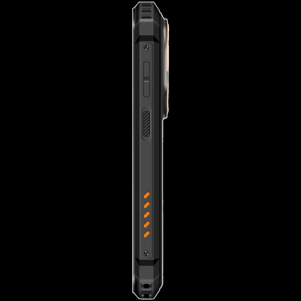 Profil latéral du Oukitel G6 256 Go Rugged 8 Go de RAM avec châssis épais noir, accents orange, boutons physiques saillants et texture antidérapante robuste