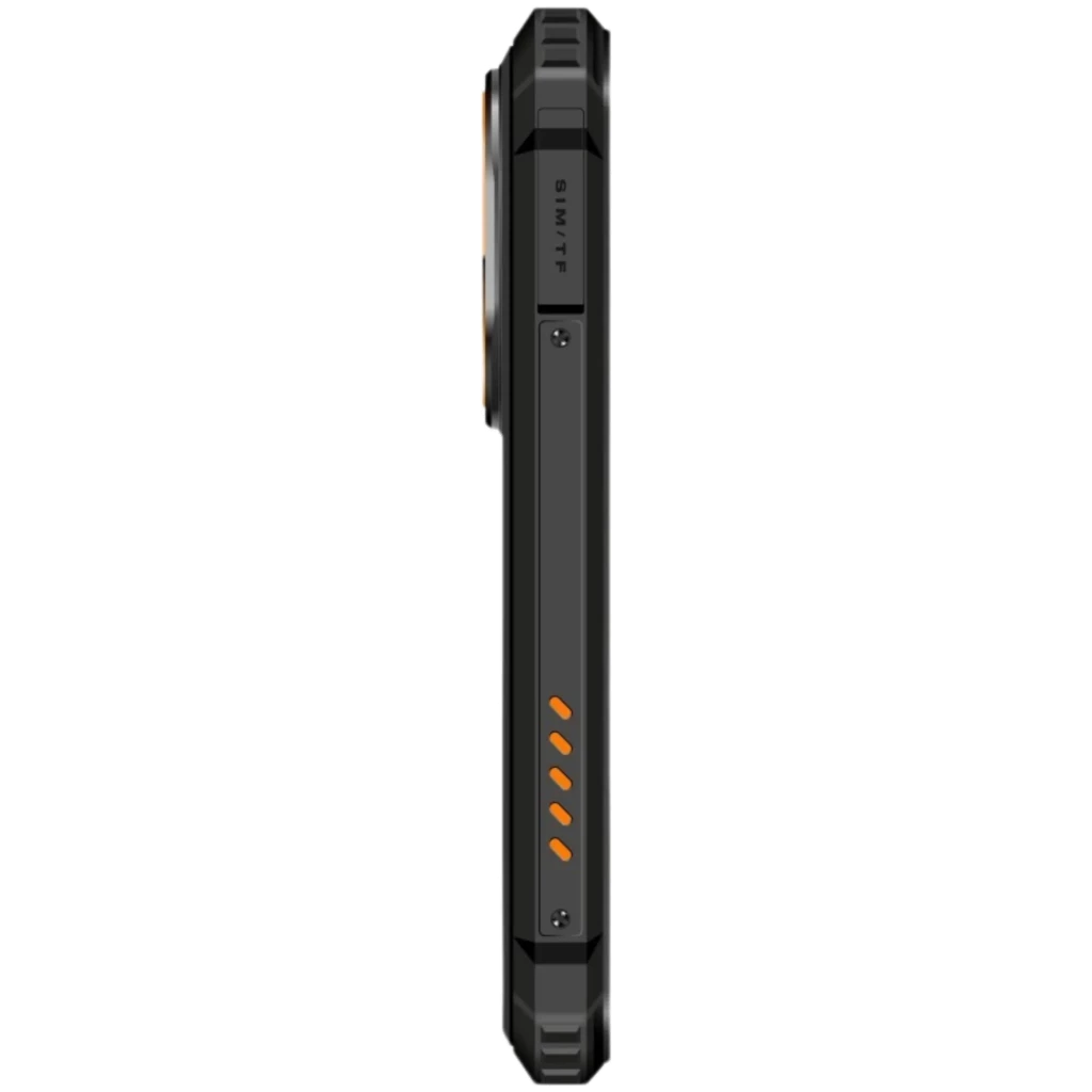 Oukitel G6 robusto com corpo reforçado, ecrã ampla com bordas elevadas, módulo de câmera circular traseiro e detalhes laranja; visual resistente e moderno - Item4