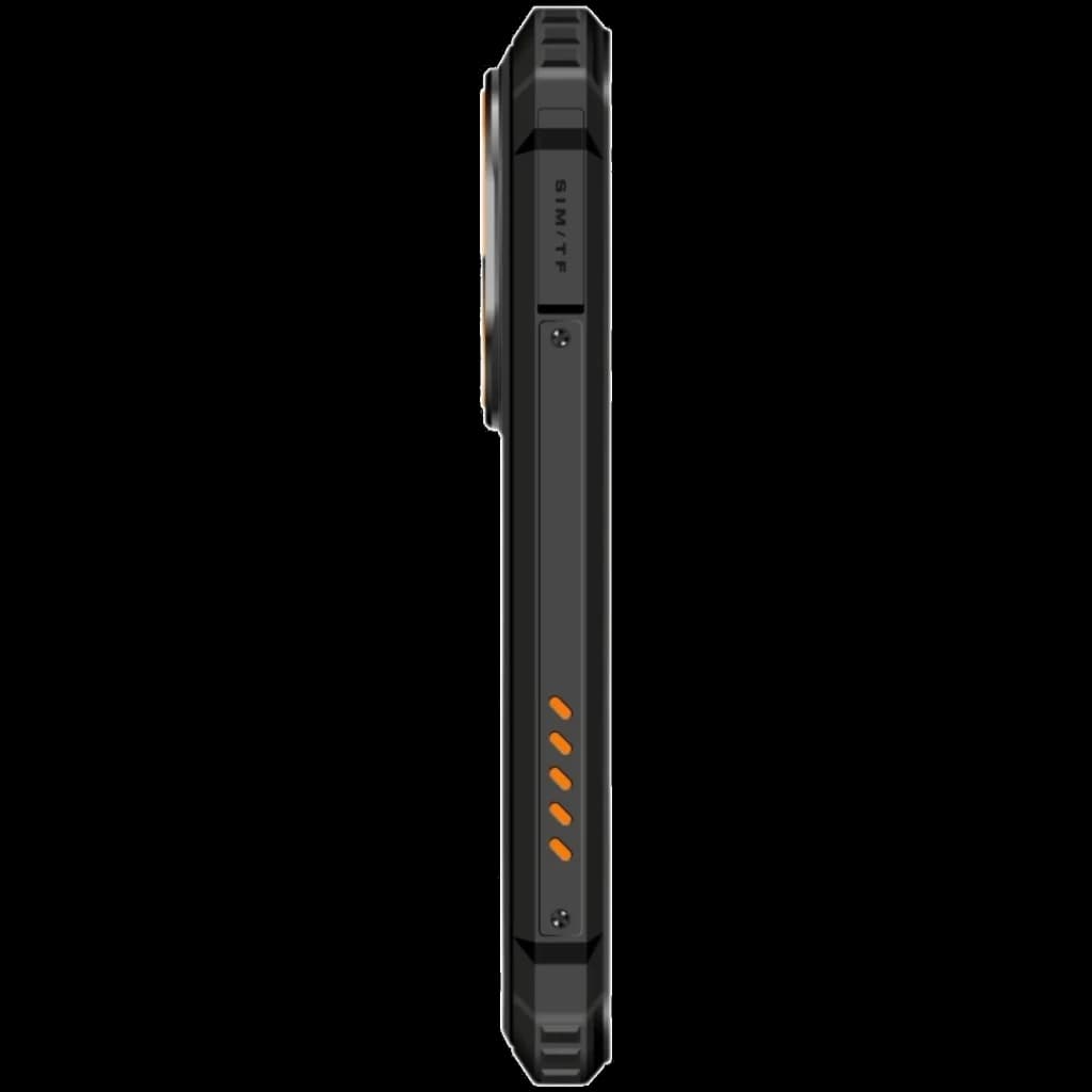 Profil latéral du Oukitel G6 256 Go Rugged 4 Go de RAM avec coque renforcée noire, arêtes angulaires, boutons métalliques et accents orange antidérapants