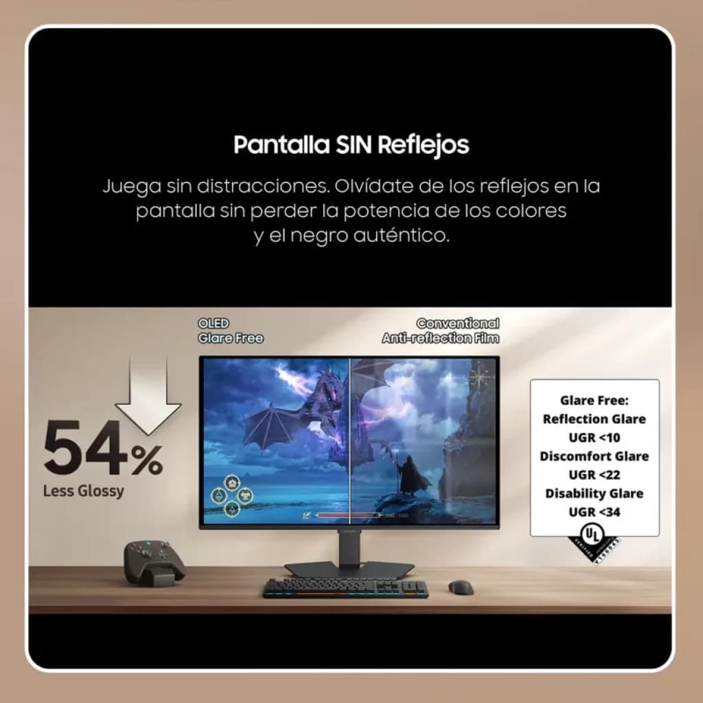 Samsung S27FG506SU QD‑OLED 27 pouces QHD 180 Hz avec écran mat anti‑reflets, noirs profonds et couleurs vives, bords fins et pied ajustable